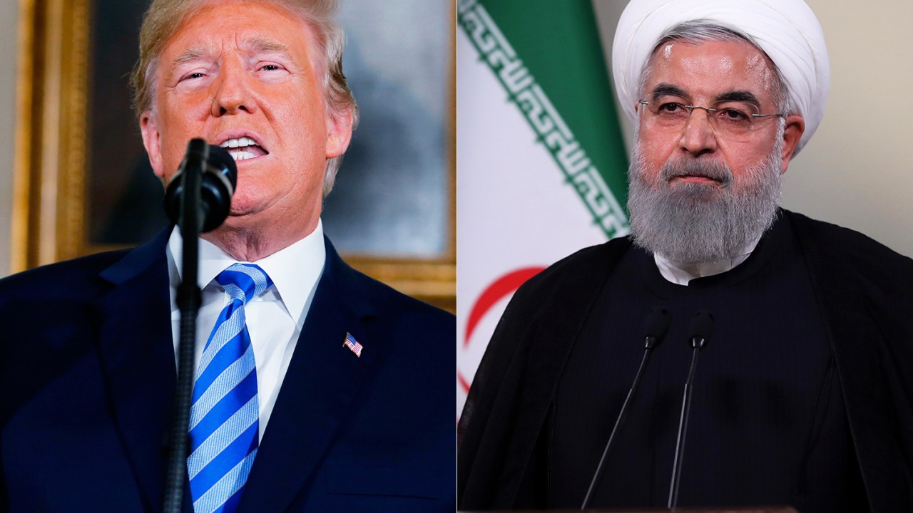 Donald Trump (esq) e Hassan Rouhani (dir), presidentes dos Estados Unidos e Irã, realizam pronunciamentos após o país americano deixar acordo nuclear - 08/05/2018