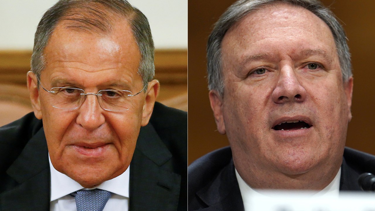 O ministro das Relações Exteriores da Rússia, Sergei Lavrov, e o secretário de Estado americano, Mike Pompeo