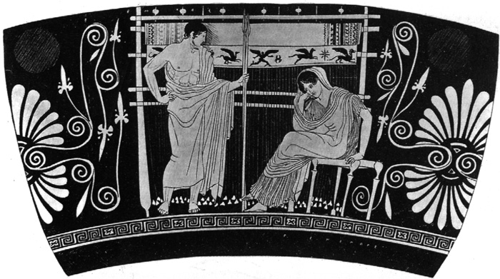 Telêmaco diante da mãe, Penélope, sentada junto ao seu tear, instrumento por excelência das donas de casa, em imagem de vaso ateniense do século V a.C.