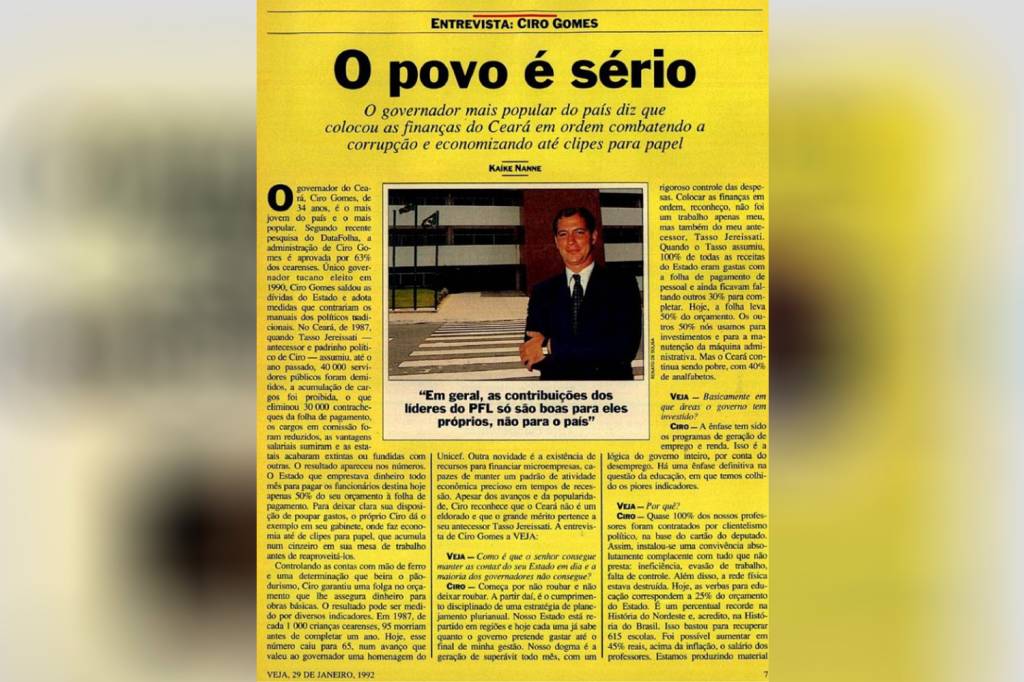 Matéria de VEJA sobre Ciro Gomes, de 29 de janeiro de 1992