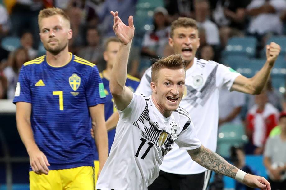 Marco Reus comemora após empatar o jogo para a Alemanha, em partida contra a Suécia, válida pelo grupo F da Copa do Mundo - 23/06/2018