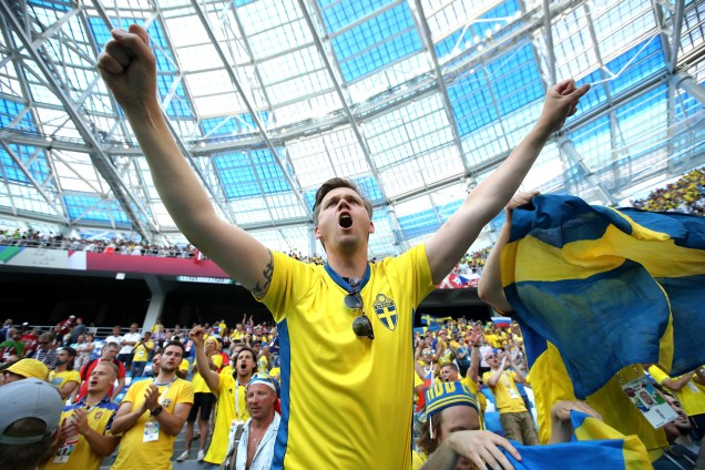 Torcedor comemora após a Suécia derrotar a Coreia do Sul por 1 a 0, em partida válida pelo grupo F da Copa do Mundo, realizada em Níjni Novgorod - 18/06/2018