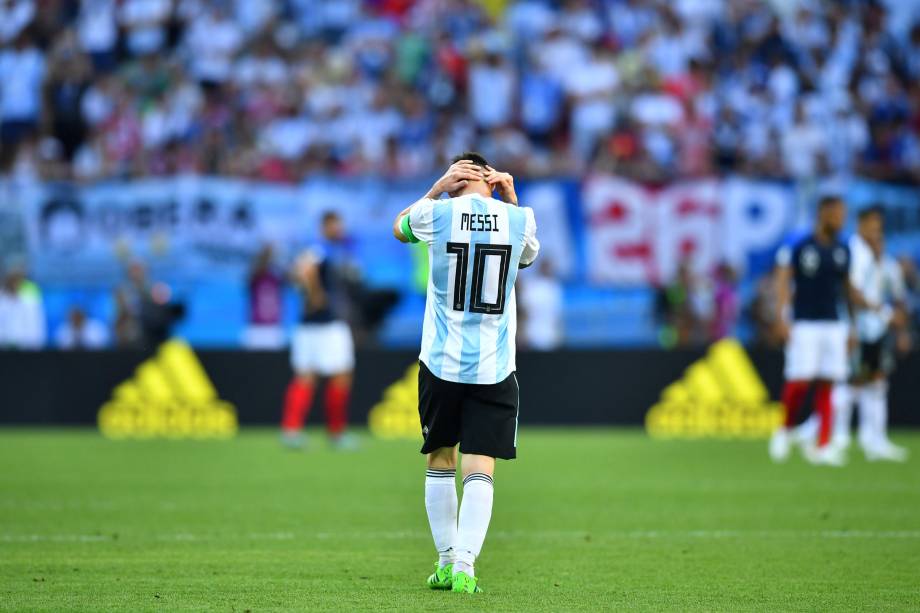 O atacante argentino Lionel Messi durante partida contra a França, válida pelas oitavas de final da Copa do Mundo em Kazan - 30/06/2018