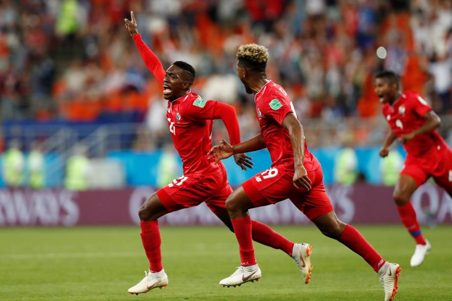 Jose Luis Rodriguez comemora o gol do Panamá na partida contra a Tunísia na arena Mordovia, em Saransk - 28/06/2018