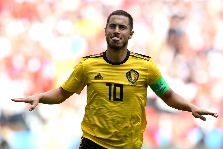 Eden Hazard da Bélgica comemora seu segundo gol durante partida contra a Tunísia - 23/06/2018