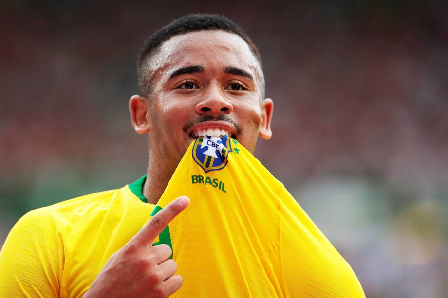 Gabriel Jesus comemora após marcar gol durante partida amistosa entre Brasil e Áustria, realizada em Viena -10/06/2018