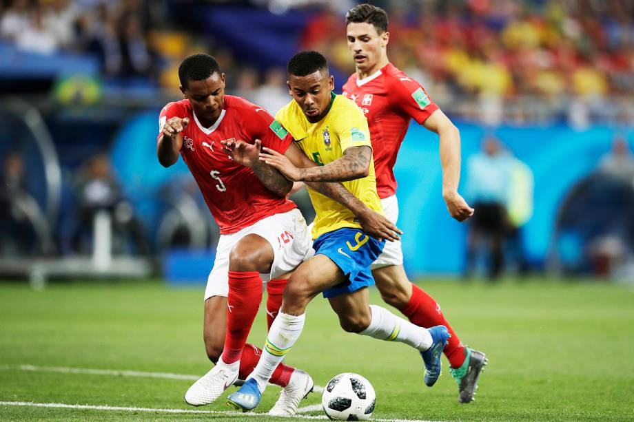 Gabriel Jesus (centro),durante a partida entre Brasil e Suíça, realizada na Arena Rostov, válida pelo grupo E da Copa do Mundo - 17/06/2018