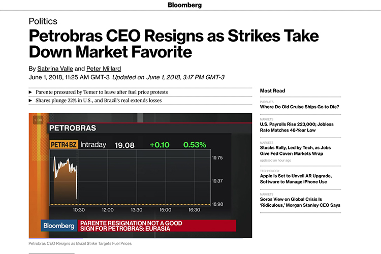 Bloomberg repercute a demissão de Pedro Parente, do comando da Petrobras