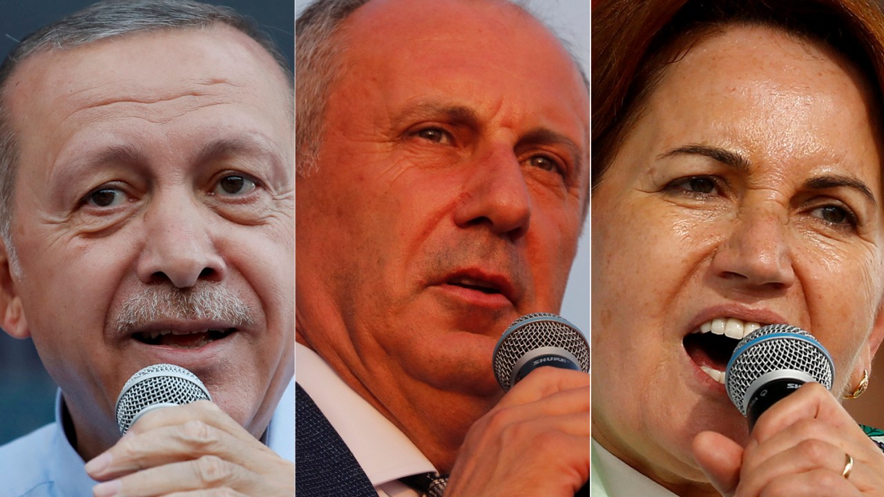 Os candidatos à presidência da Turquia: Recep Tayyip Erdogan, Muharrem Ince e Meral Aksener