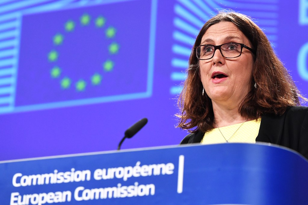 A comissária de Comércio da UE, Cecilia Malmström, durante conferência em Bruxelas - 01/06/2018