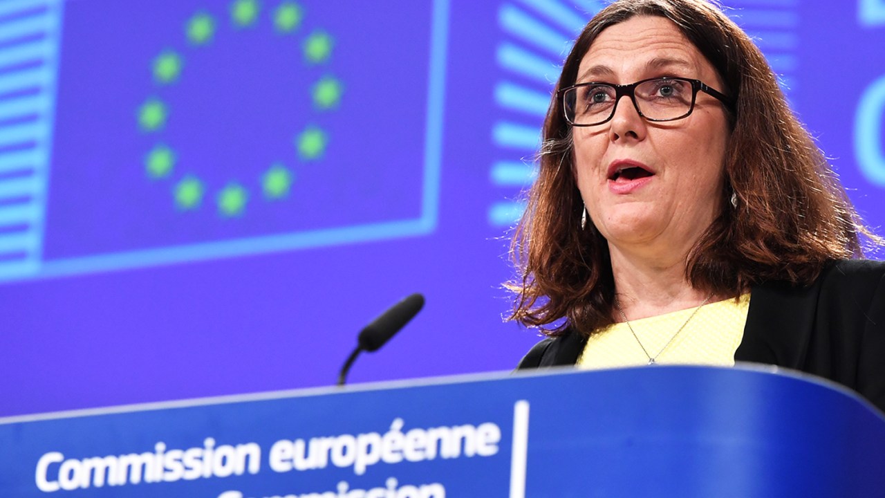 A comissária de Comércio da UE, Cecilia Malmström, durante conferência em Bruxelas - 01/06/2018