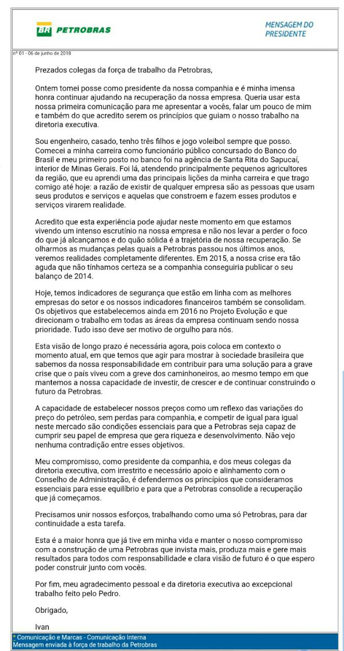Mensagem do novo presidente da Petrobras, Ivan Monteiro