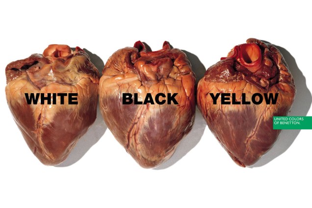 A campanha com corações de verdade sobre racismo, do fotógrafo artista plástico e publicitário Olivier Toscani