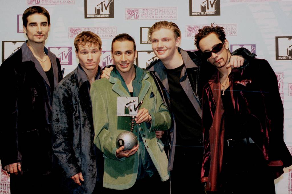 A boyband Backstreet Boys durante premiação da MTV na Holanda – 06/11/1997