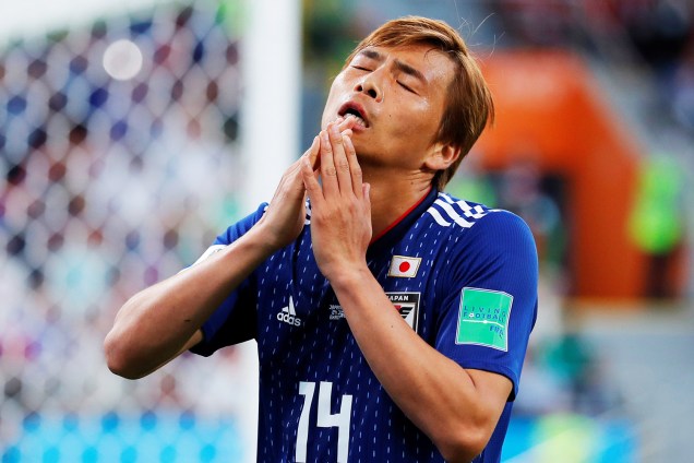 O jogador Takashi Inui, do Japão, lamenta após perder gol durante partida contra o Senegal, válida pela fase de grupos da Copa do Mundo, realizada em Ecaterimburgo. As equipes empataram em 2 a 2 - 24/06/2018