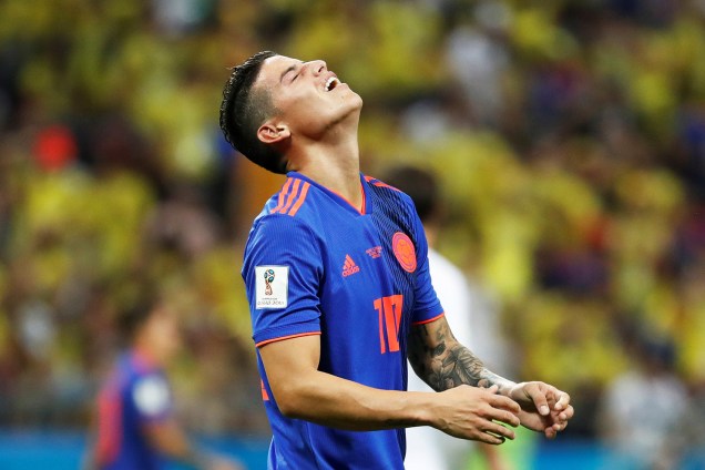 O jogador James Rodriguez, da Colômbia, lamenta após chance perdida durante partida contra a Polônia, válida pela fase de grupos da Copa do Mundo, realizada na Arena Kazan. Os colombianos venceram a partida por 3 a 0 - 24/06/2018