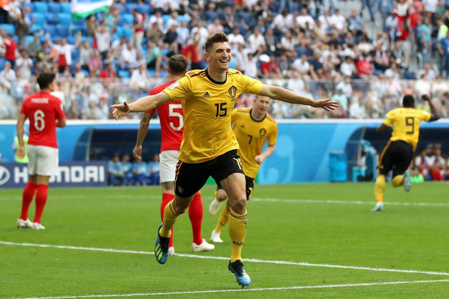 O belga Thomas Meunier comemora o gol marcado contra a Inglaterra durante a disputa de terceiro lugar - 14/07/2018