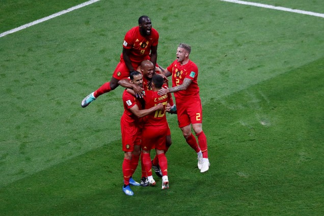 Jogadores da Bélgica comemoram o gol contra marcado por Fernandinho, do Brasil - 06/07/2018