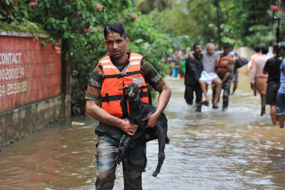 Idosos e animais são resgatados de áreas inundadas no distrito de  de Thrissur, estado de Kerala, no sul da Índia - 19/08/2018