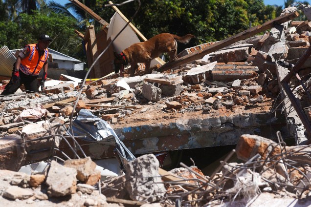 Policiais e cães farejadores realizam buscas por vítimas entre escombros, após forte terremoto atingir Pemenang, território localizado no norte da ilha de Lombok, na Indonésia - 08/08/2018