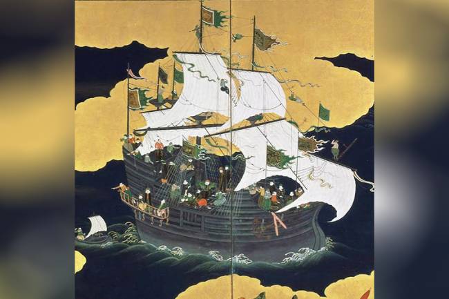 Detalhe de outro biombo: o barco negro lusitano encantou os japoneses e se tornou uma das imagens mais representadas das suas pinturas nos séculos XVI e XVII Detalhe de outro biombo: o barco negro lusitano encantou os japoneses e se tornou uma das imagens mais representadas das suas pinturas nos séculos XVI e XVII