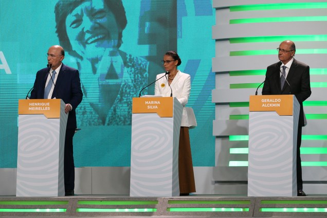 Henrique Meirelles (MDB), Marina Silva (Rede) e Geraldo Alckmin (PSDB), durante debate entre presidenciáveis realizado pela TV Aparecida - 20/09/2018
