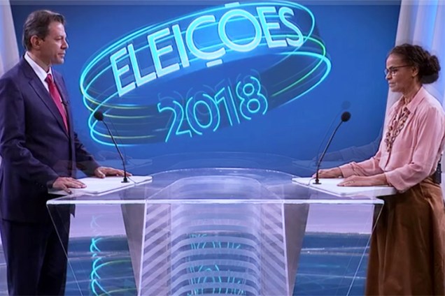 Fernando Haddad (PT) e Marina Silva (Rede), durante debate entre presidenciáveis realizado pela TV Globo - 04/10/2018