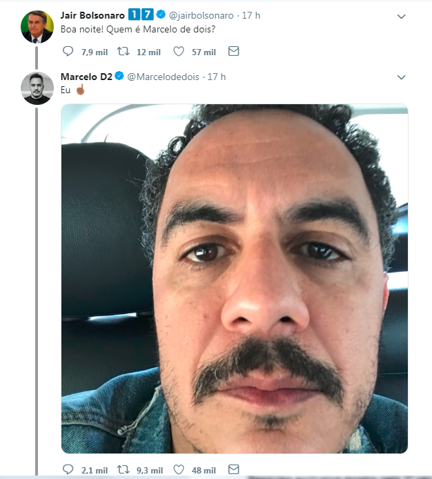 Jair Bolsonaro e Marcelo D2 discutem nas redes Jair Bolsonaro e Marcelo D2 discutem nas redes