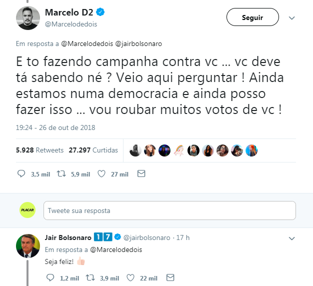 Jair Bolsonaro e Marcelo D2 discutem nas redes Jair Bolsonaro e Marcelo D2 discutem nas redes