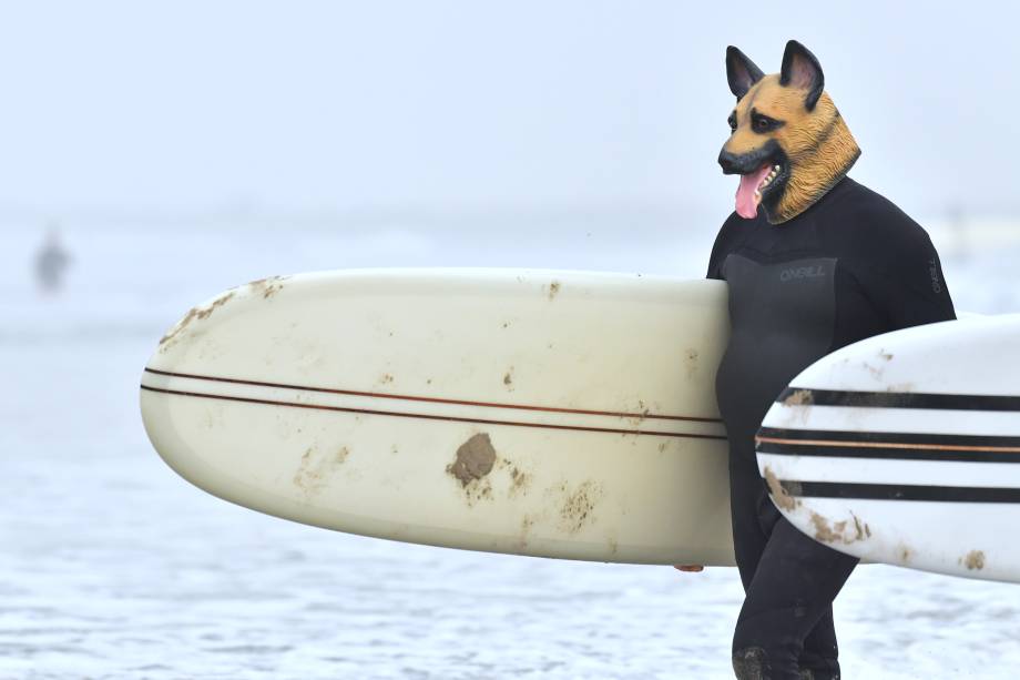 Surfista usa máscara de cachorro durante o evento anual de Blackie's Halloween Surfing em Newport Beach, Califórnia