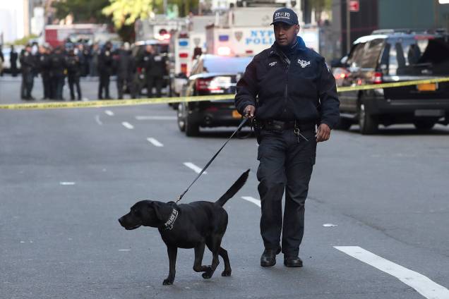 Policial caminha com um cão farejador do lado de fora do prédio Time Warner Center, após uma ameaça de bomba, em Nova York - 24/10/2018 Policial caminha com um cão farejador do lado de fora do prédio Time Warner Center, após uma ameaça de bomba, em Nova York - 24/10/2018