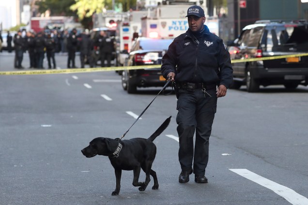 Policial caminha com um cão farejador do lado de fora do prédio Time Warner Center, após uma ameaça de bomba, em Nova York - 24/10/2018
