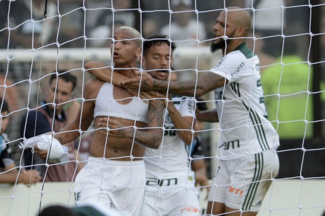 Jogadores do Palmeiras comemoram gol de Deyverson na partida contra o Vasco em São Januário