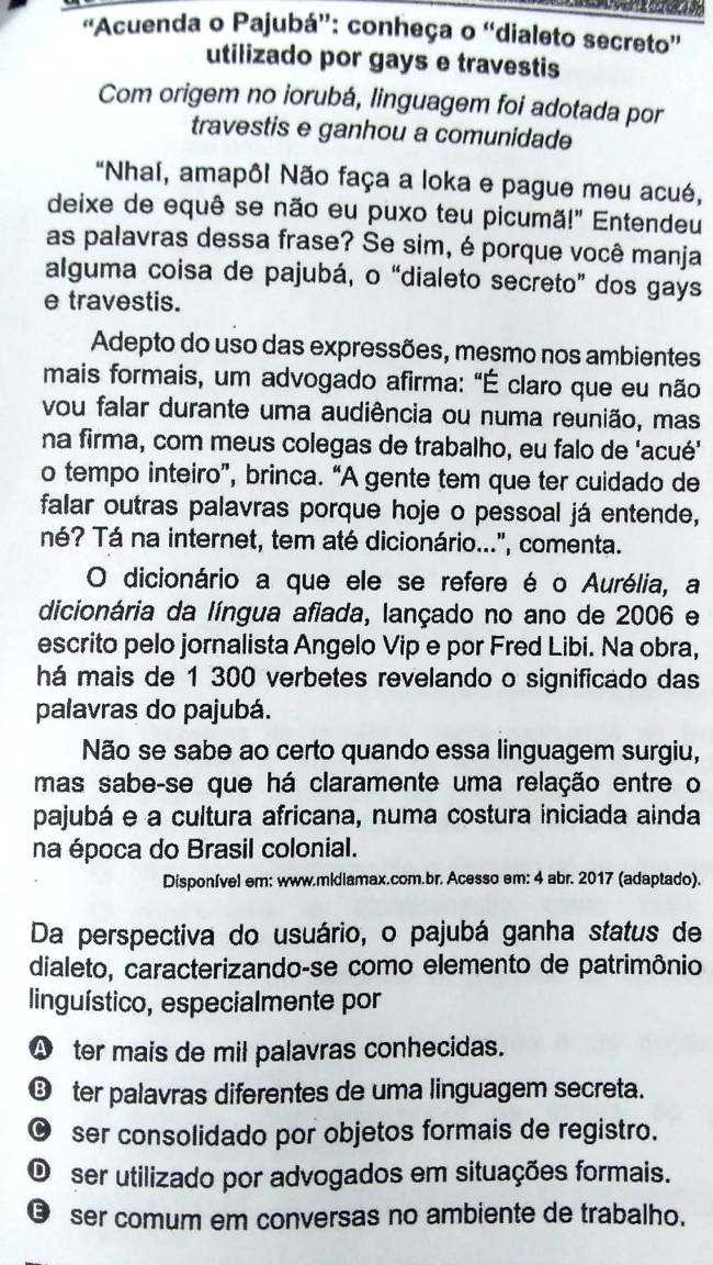 Veja resolução de questão do Enem que aborda status do pajubá como 'dialeto  secreto' dos gays e travestis, Enem 2018