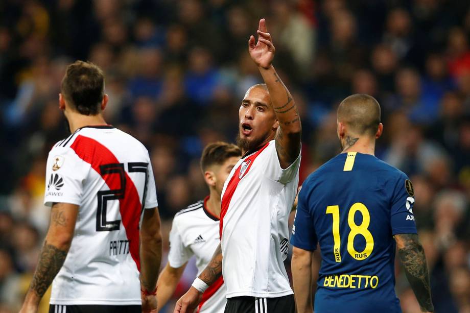 Jonatan Maidana do River Plate reage durante partida contra o Boca Juniors em Madri, Espanha - 09/12/2018