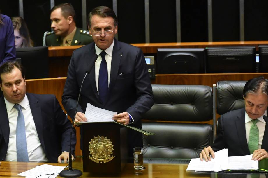 O presidente Jair Bolsonaro discursa durante cerimônia de posse em Brasília - 01/01/2018