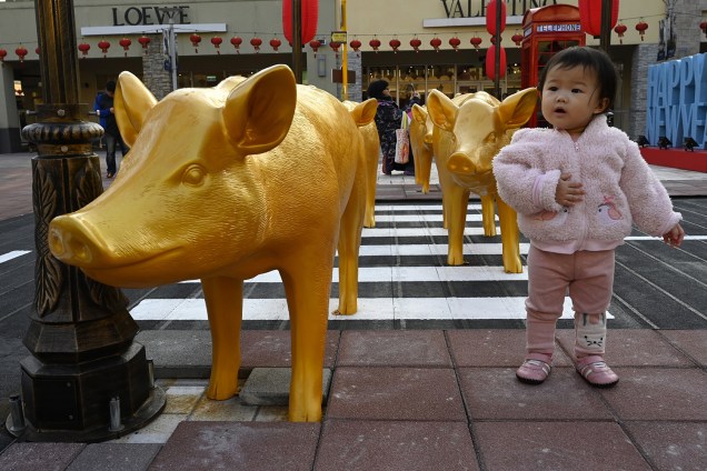 Menininha posa ao lado de escultura de porco em comemoração ao Ano Novo Lunar em Taoyuan, Taiwan - 25/01/2019