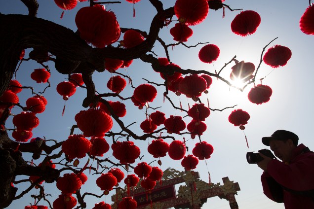 Homem fotografa árvore decorada com lanternas vermelhas para comemoração do Ano Novo Lunar no Parque Ditan em Pequim, China - 01/02/2019
