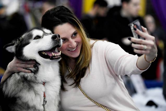 Visitante tira selfie com cão da raça Malamute do Alasca, durante o Westminster Kennel Club Dog Show, realizado em Nova York - 09/02/2019