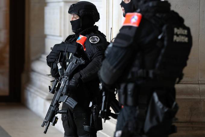 Belgian police special unit officers secure the Palace of Justice during the trial of Mehdi Nemmouche and Nacer Bendrer in Brussels
