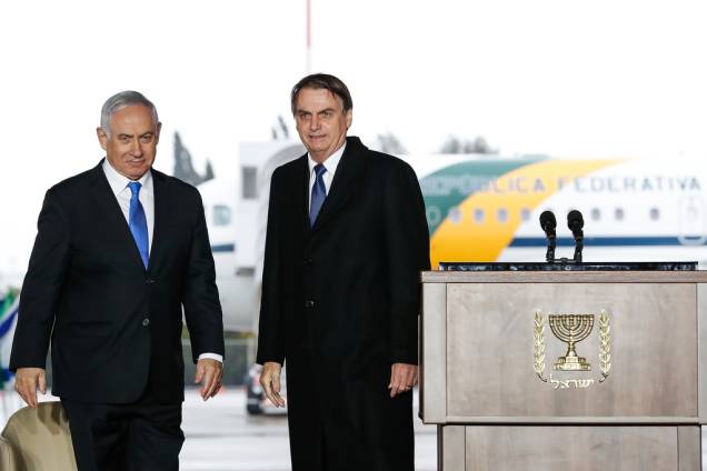 O primeiro-ministro de Israel, Benjamin Netanyahu, recebe o presidente Jair Bolsonaro em Tel Aviv - 31/03/2019