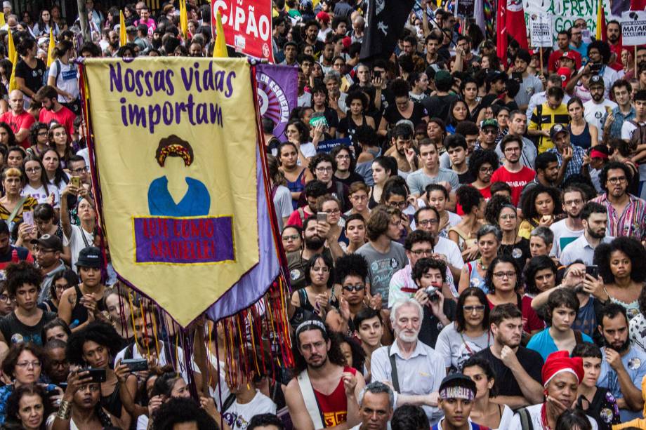 Ato em homenagem a vereadora Marielle Franco (PSOL-RJ) e ao motorista Anderson Gomes, assassinados no dia 14 de março de 2018 na região da avenida Paulista, em São Paulo - 14/03/2019