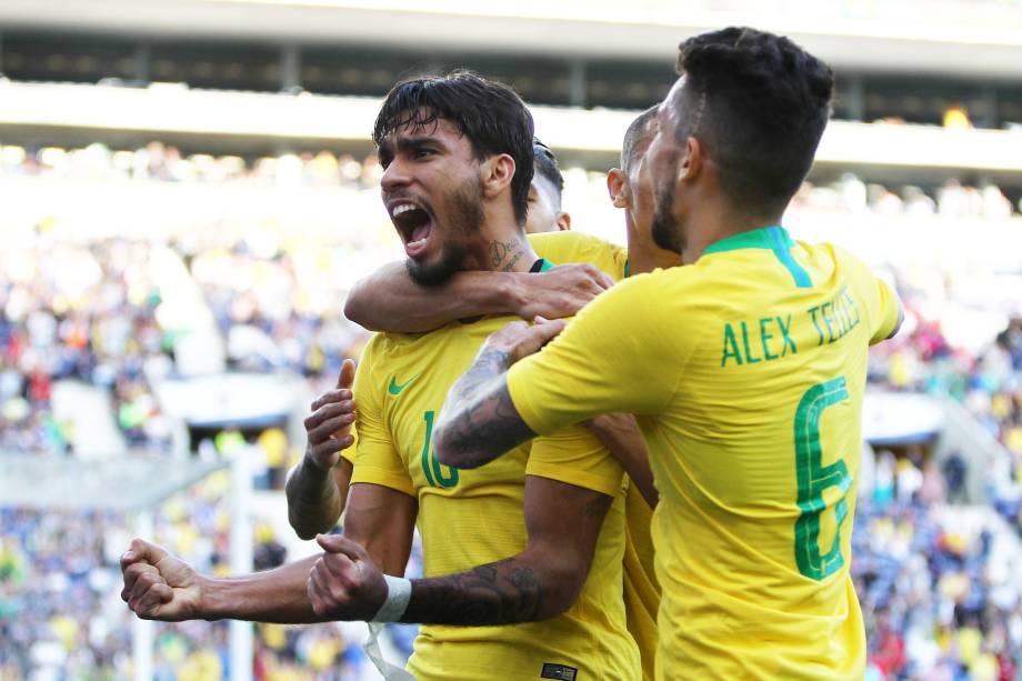 Lucas Paquetá comemora ao marcar gol para a Seleção Brasileira,  durante amistoso contra o Panamá, realizado no Estádio do Dragão, em Portugal - 23/03/2019