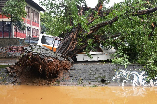 Ônibus é atingido por árvore após forte temporal atingir o Rio de Janeiro (RJ) - 09/04/2019