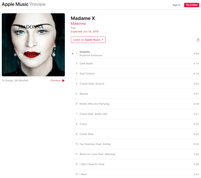 Faixas do álbum 'Madame X', da cantora Madonna