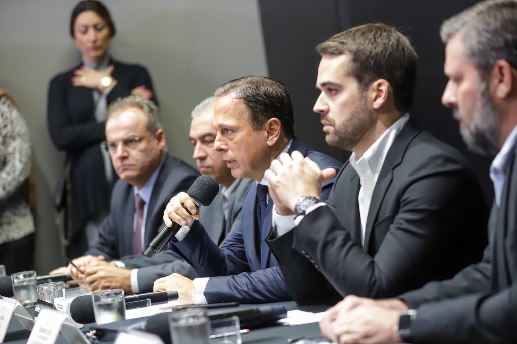 O governador do Estado de São Paulo, João Doria, em coletiva de imprensa com os governadores Eduardo Leite (RS) e Reinaldo Azambuja (MS) - 03/06/2019