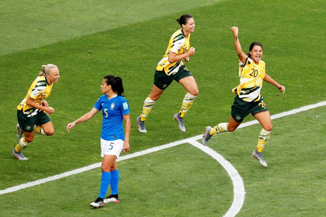 Sam Kerr comemora após gol contra de Monica, durante partida entre Brasil e Austrália, válida pelo grupo C da Copa do Mundo - 13/06/2019