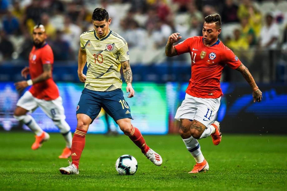 James Rodríguez e Eduardo Vargas, durante partida entre Colômbia e Chile, válida pela Copa América - 28/06/2019