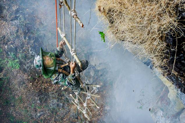 Os caçadores de mel utilizam equipamentos de proteção e fumegadores para espalhar as gigantescas abelhas do Himalaia de suas colmeias e reduzir o risco de serem picados. Ainda assim, eles sofrem diversas picadas durante as escaladas nos penhascos chineses - 30/05/2019 Os caçadores de mel utilizam equipamentos de proteção e fumegadores para espalhar as gigantescas abelhas do Himalaia de suas colmeias e reduzir o risco de serem picados. Ainda assim, eles sofrem diversas picadas durante as escaladas nos penhascos chineses - 30/05/2019