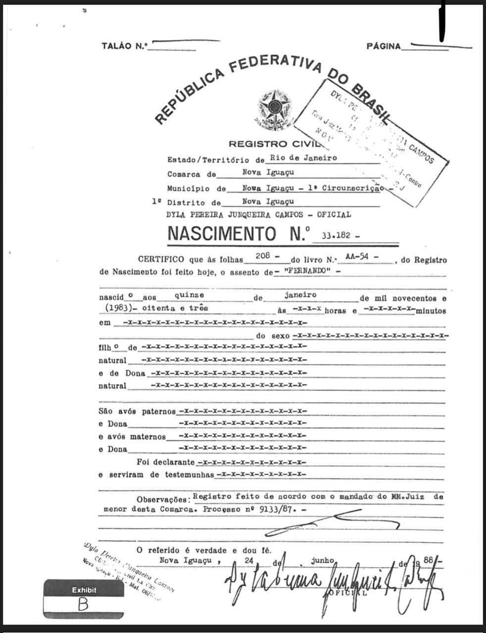 Documento de saída de Paul Schreiner do Brasil, apenas com o nome Fernando e com data de nascimento que os pais adotivos escolheram<span class="hidden">-</span>